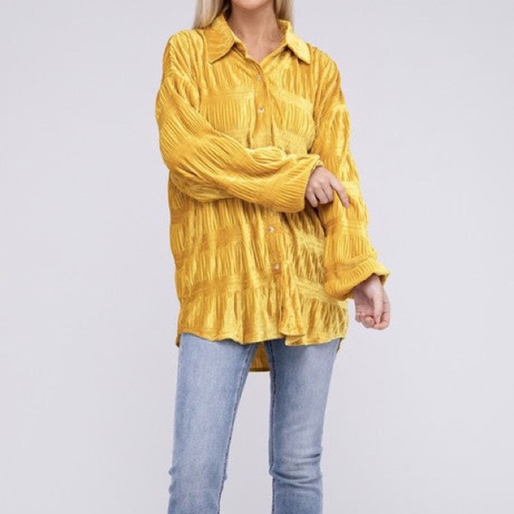 Bibi Gold Velvet Button Down Shirt Oversized Wrinkle Effect Top Mustard NWT - Picture 3 of 16